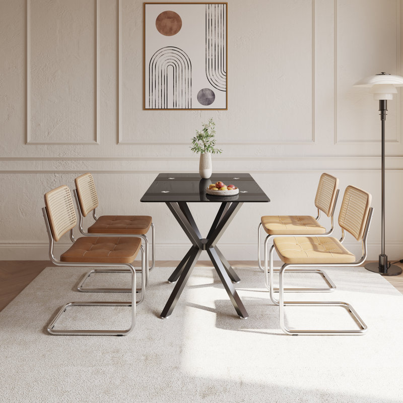 47.24" Rectangular Tempered Glass Dining Table With Metal Legs,, Black, Black