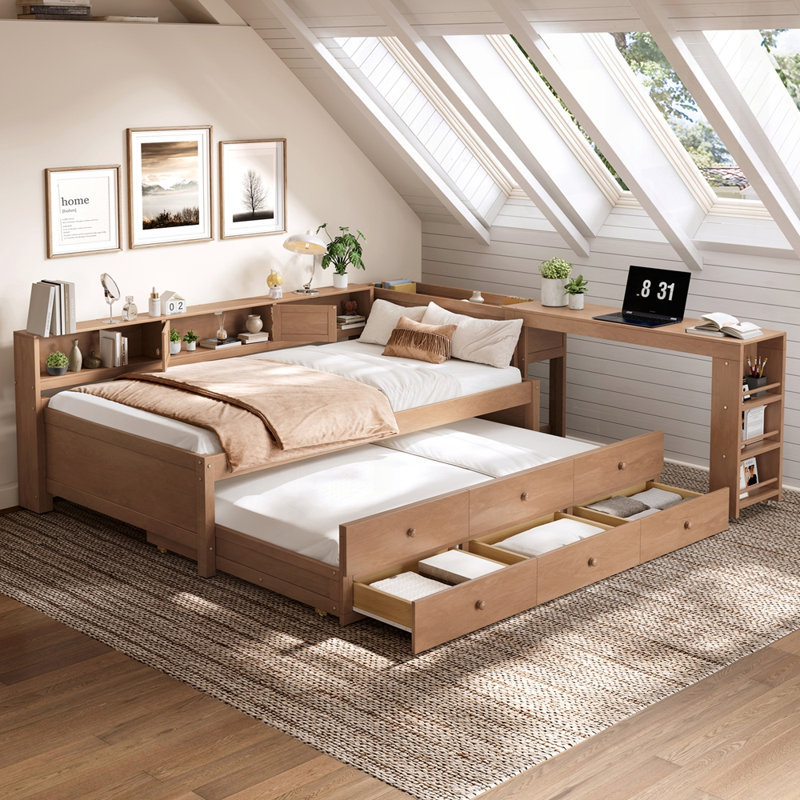 Wood Daybed Frame With Trundle, Storage Drawers, Side Shelves, And Desk For Multifunctional Living, Twin, Brown