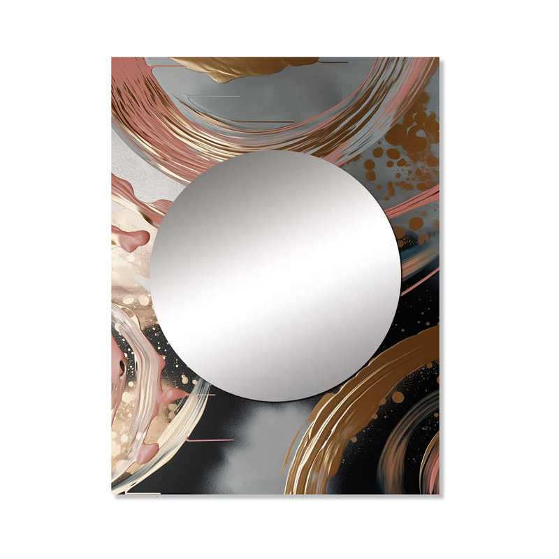 Lluisa abstrait or et rose liquide encre cercles II - miroir de formes abstraites, miroir mural décoratif moderne, impression d'art en métal
