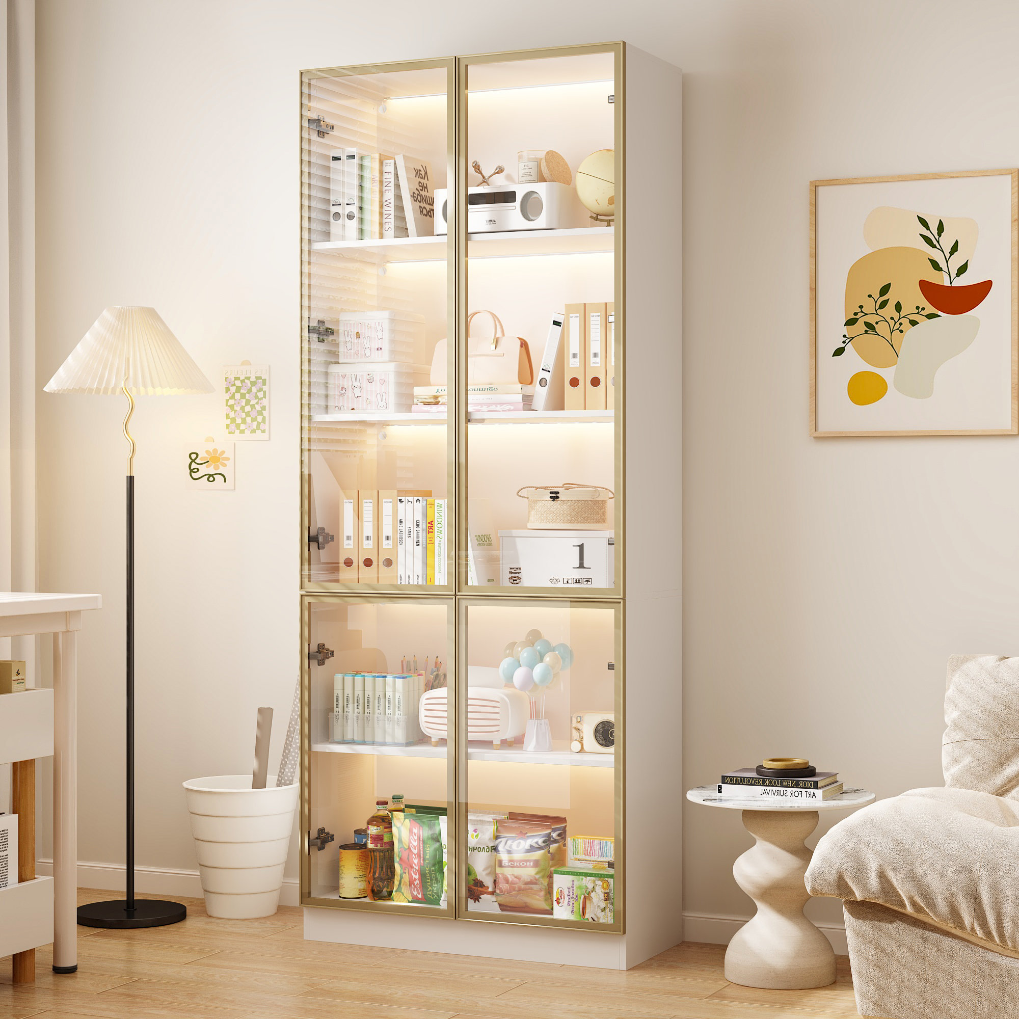 78.7'' H x 31.5'' W 5-Layer Bookcase with Glass Doors and LED Lights Latitude Run Color: White, image size:2000x2000