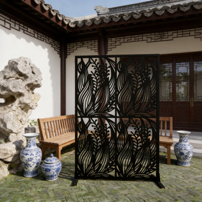 3.8Ft×6Ft Metal Privacy Screen - Outdoor Indoor Divider, Black/White Leaf Decor For Balcony/Patio/Garden, Waterproof Rust-Proof Privacy Screen
