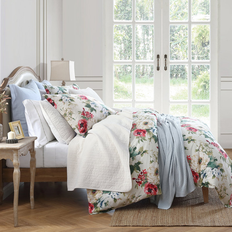 Ensemble d'édredon chic et décontracté 3 pièces Peony, Édredon pour très grand lit + 2 très grandes ta, Fleur
