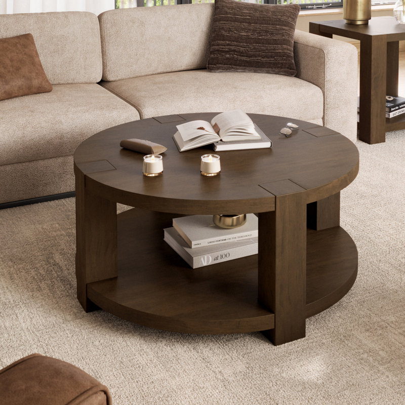 Bremen 40" Round Transitional Modern Block-Frame Coffee Table with Wheels