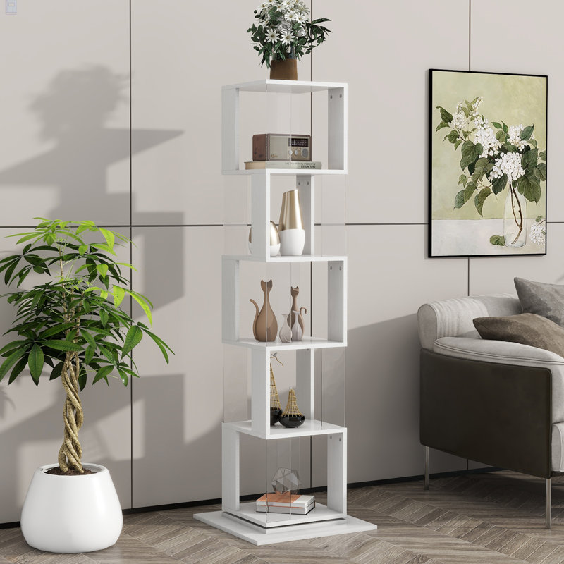 5 Tier Rotating Bookshelf, Floor Rack Simple Bookcase  With Acrylic Plate Student Multi-Function Creative Bookshelf For Living Room