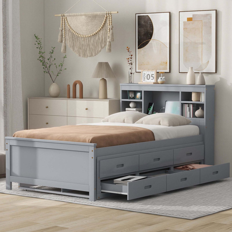 Lit plateforme avec tête de lit, USB, lit gigogne simple et 3 tiroirs, gris, Simple