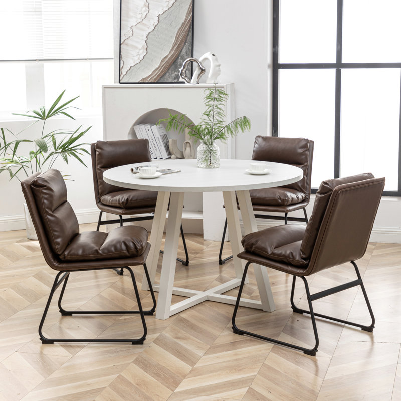 Ensemble de salle à manger 5 pièces à table ronde, table à manger à tréteaux et 4 chaises élégantes, Brun