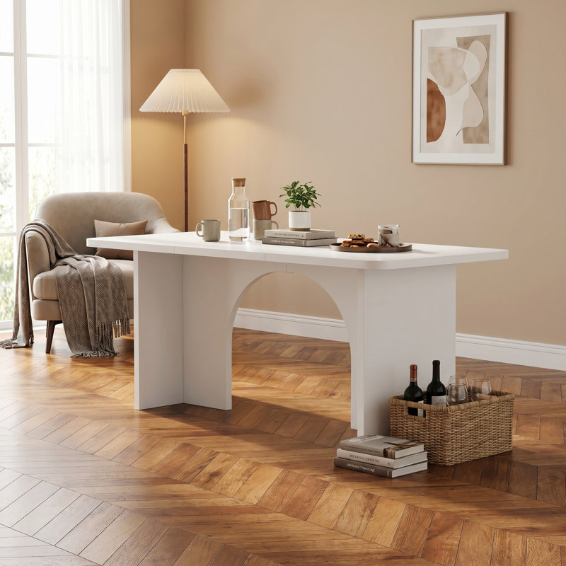 Table de salle à manger moderne blanche, table rectangulaire minimaliste de 75 pouces avec base arquée pour la cuisine et le salon