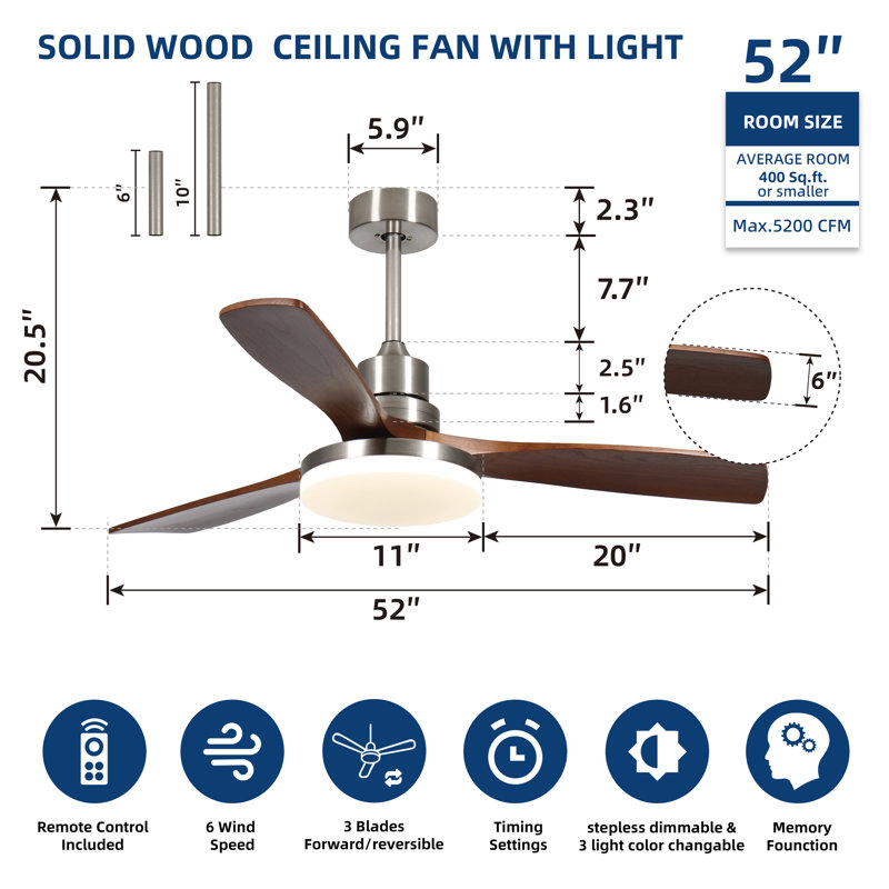 52 In. Wood Smart Indoor Silver Ceiling Fan With 3-colours Led Light/ Dimmer And Dc Motor And App/remote/memory Function