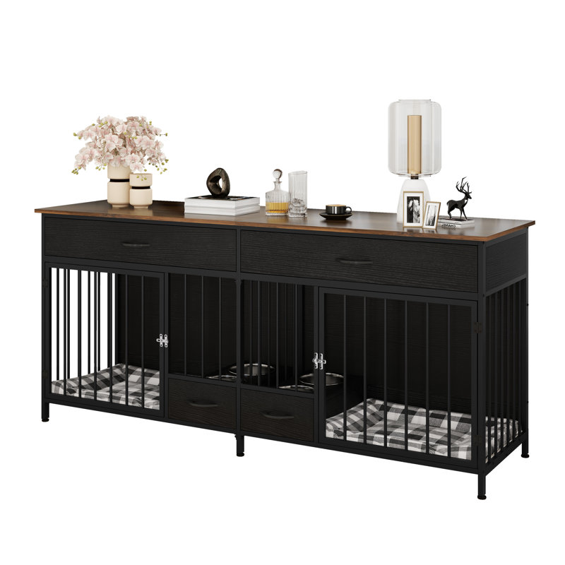 Meuble double en bois pour chien avec cage d'alimentation de 75 po de largeur, Brun / Noir