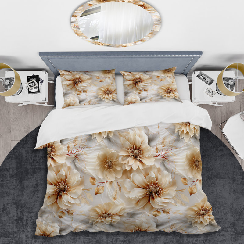 Motif bohème de fleurs de chrysanthème beige - ensemble de housse de couette floral - polyester microfibre