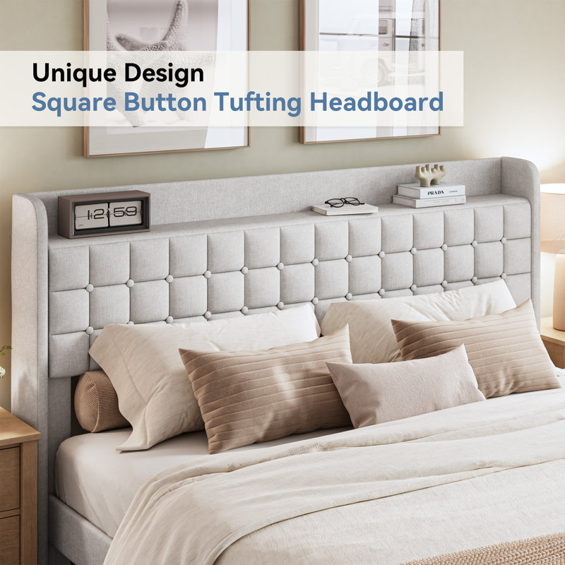Upholstered Storage Bed with 2 Drawers and Storage Headboard , Beige, Queen