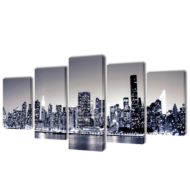 Monochrome New York - 5 Piece No Frame Print on Canvas, 100cm H x 200cm W x 1.8cm D