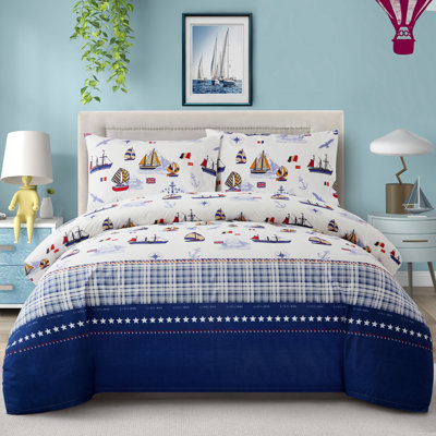 Marina Decoration Boys Children Cute 600 Thread Count Home Bedding Soft Bedsheet Deep Pocket Percale 4 Piece Kids Printed Cotton Fitted Sheet Duvet Cover Set, Nautical Boat Pattern Double/Full Size