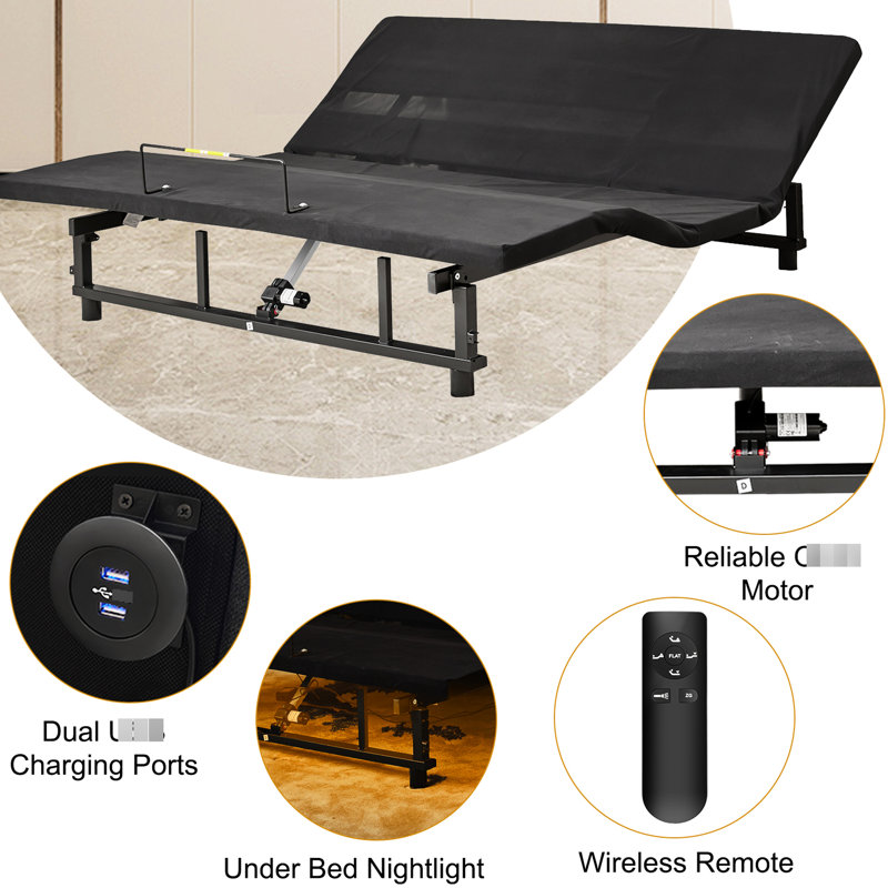 Structure de lit réglable avec fonction d'inclinaison de la tête et des pieds, télécommande sans fil, 4 fentes, insecte sous-radiant semblable à un ver, Restructuration sans gravité, moteur silencieux, rec catégorisation noire