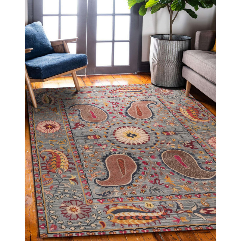 Hand Tufted Wool Floral Area Rug in Blue, 9' x 12'