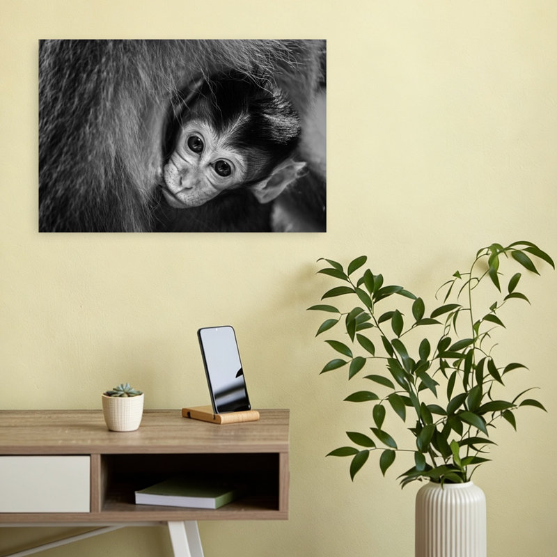 Affiche murale contemporaine représentant un bébé singe curieux, H 12 po x l 18 po