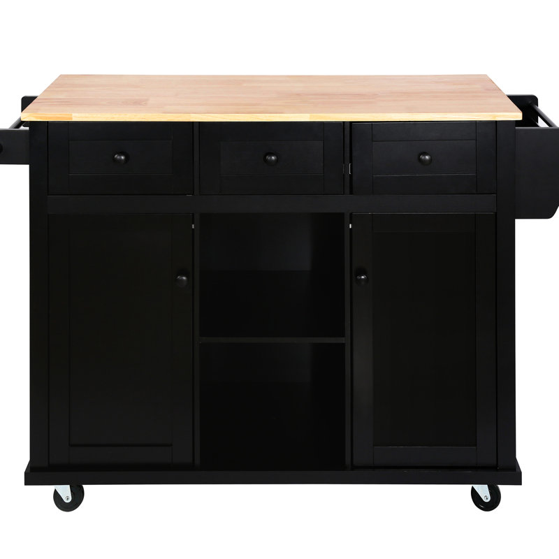 Black Kitchen Island With Drop Countertop And Storage. 5 Wheels, For Dinning Room Use Different Spaces Cart Cabinet Door Storage Wheels