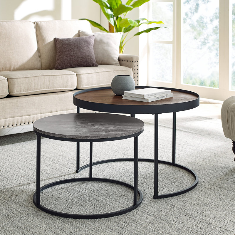 Eddyville Frame 2 Piece Round Nesting Tables, Rustic Oak/Concrete, Black
