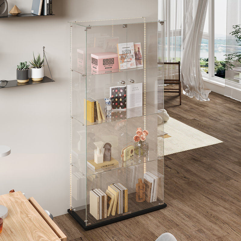 Display Cabinet, LED Strip Lights, Double Door, Black