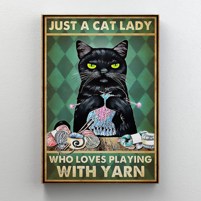 A Black Cat Knitting - Just A Lady Cat Who Loves Playing With Yarn - 1 Piece Rectangle Graphic Art Print On Wrapped Canvas