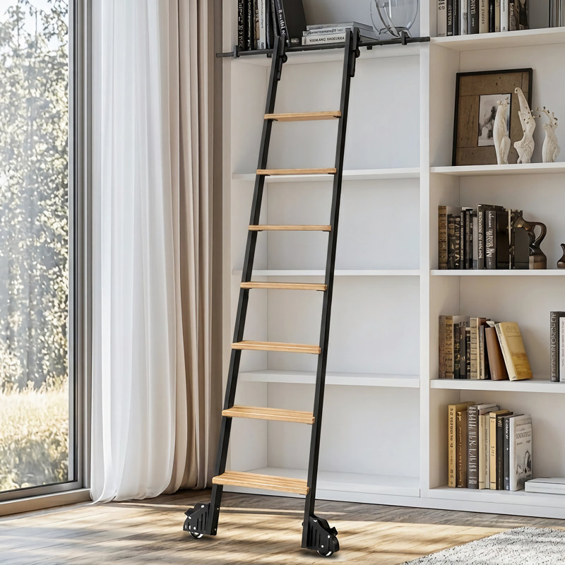 Library Ladder,Iron Wood Staircase(Including Sliding Hardware), 7'