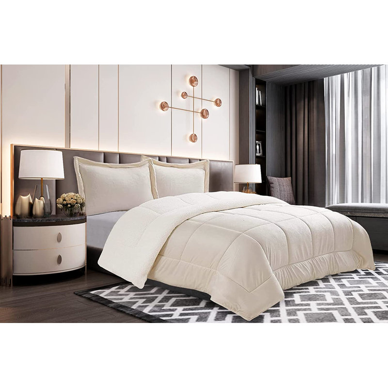 Mocassi Solid Sherpa Geometric Shapes Comforter, Cream, Twin Comforter + 1 Standard Sham