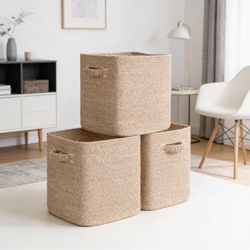 Woven Storage Cubes 3-Pack, Cotton Rope Organizer Bins For Shelves, Closet, Nursery, And Home Decor, Breathable Foldable Storage Baskets