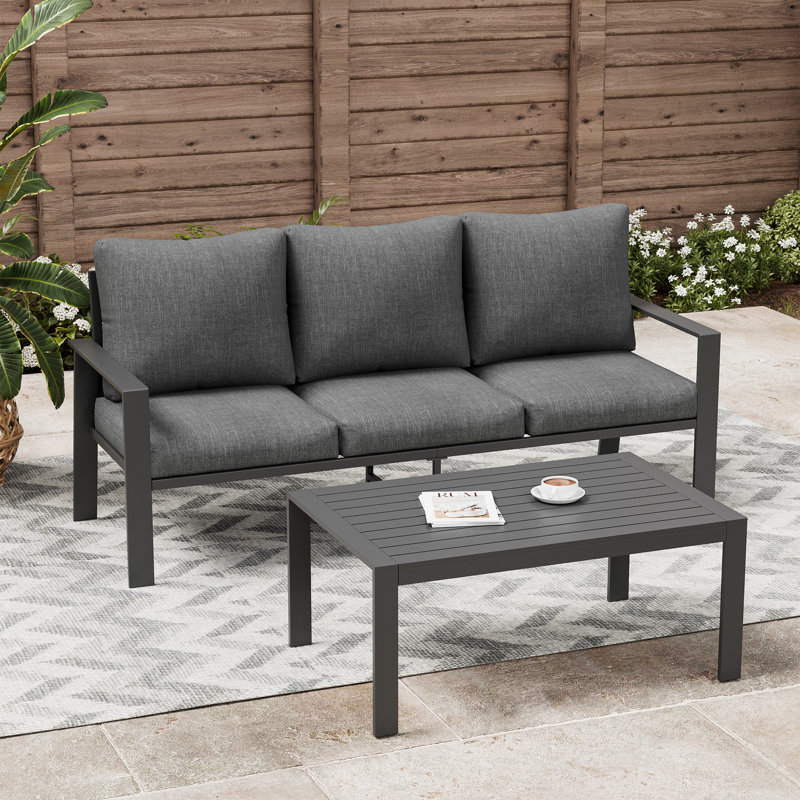 Canapé d'extérieur en aluminium avec table basse rectangulaire, Gris