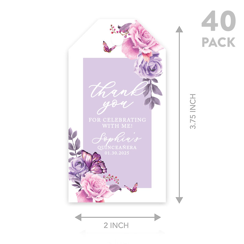 Étiquettes personnalisées personnalisables avec corde, papillons lilas, étiquettes-cadeaux classiques, paquet de 40