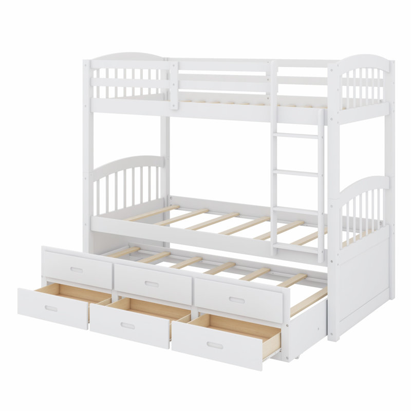 Lit superposé en bois avec lit gigogne et tiroirs, Blanc