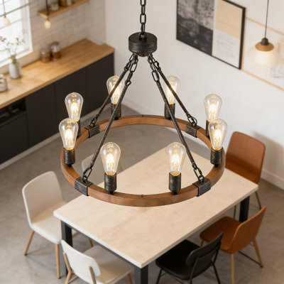 Luminaire de style rustique 23,6 pouces en bois rustique et en métal avec 8 lumières pour la salle à manger, le salon, le vestibule ou le vestibule Farmhouse