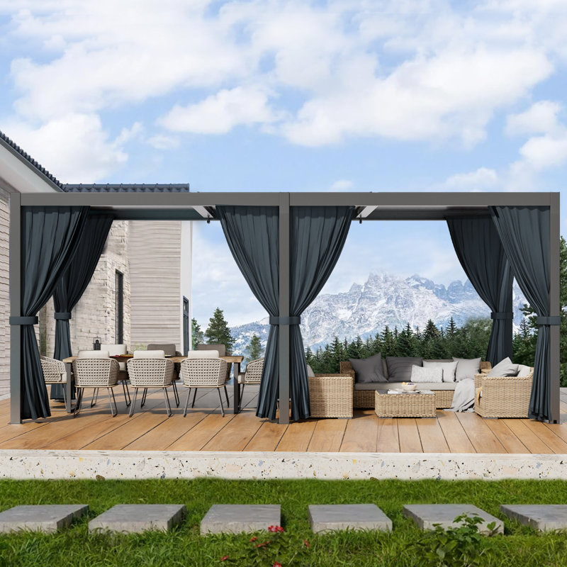 Pergola à persiennes en aluminium avec toit et rideaux réglables, Guirlande 20 pi x P 10 po