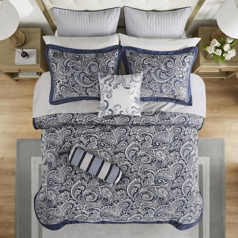 Ensemble d'édredon en polyester jacquard 3 pièces, Édredon très grand californien + 11 pièces supp, Marine
