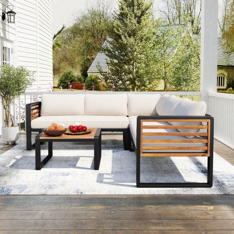 Canapé d'angle extérieur 5 places en forme de L (193 cm) avec table basse et coussins moelleux, ensemble de conversation pour patio avec structure en acier et en bois