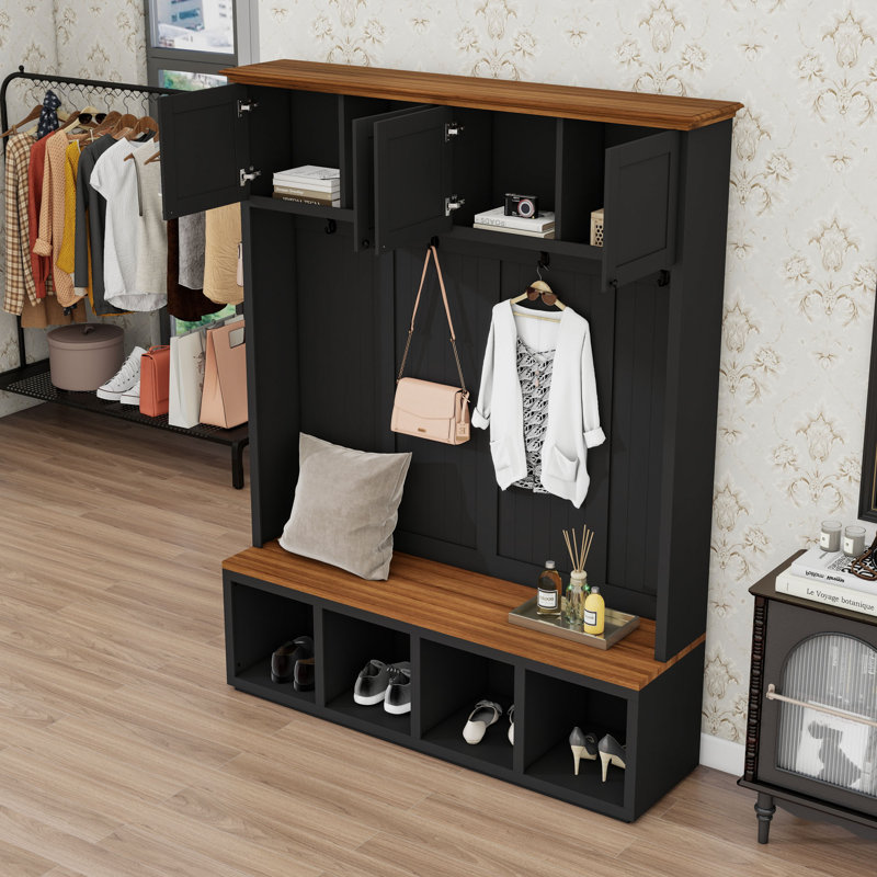 Entryway Hall Tree with Bench, Storage Cabinets and 4 Hooks, Black