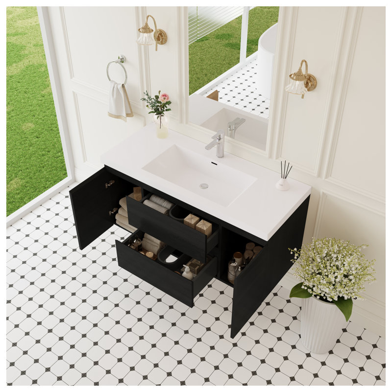 Meuble-lavabo mural de 122 cm (48 po) avec comptoir en surface solide et tiroirs à fermeture amortie, fini bois espresso