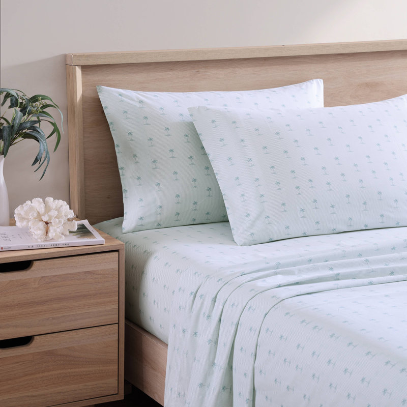 Tommy Bahama Printed Percale Cotton Sheet Set, Queen Sheet Set with 2 Pillowcases, Blue Kew Palms