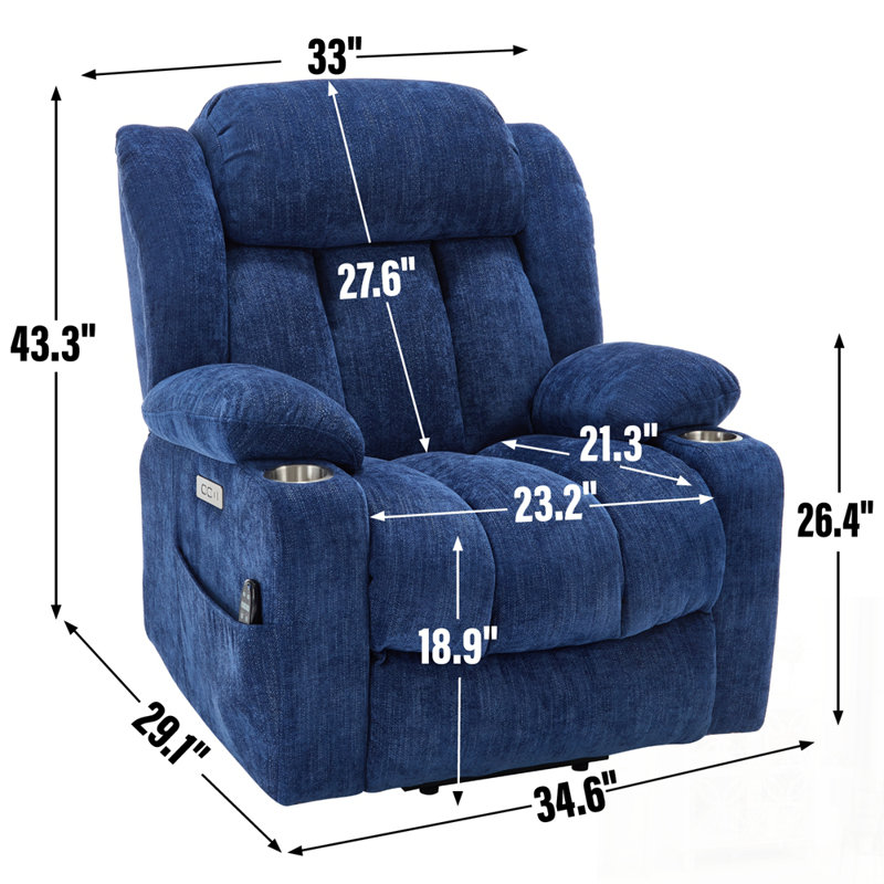 Fauteuil inclinable électrique Chenille avec massage par vibration 8 points, chauffage lombaire, ports USB et Type-C, porte-gobelets en acier inoxydable