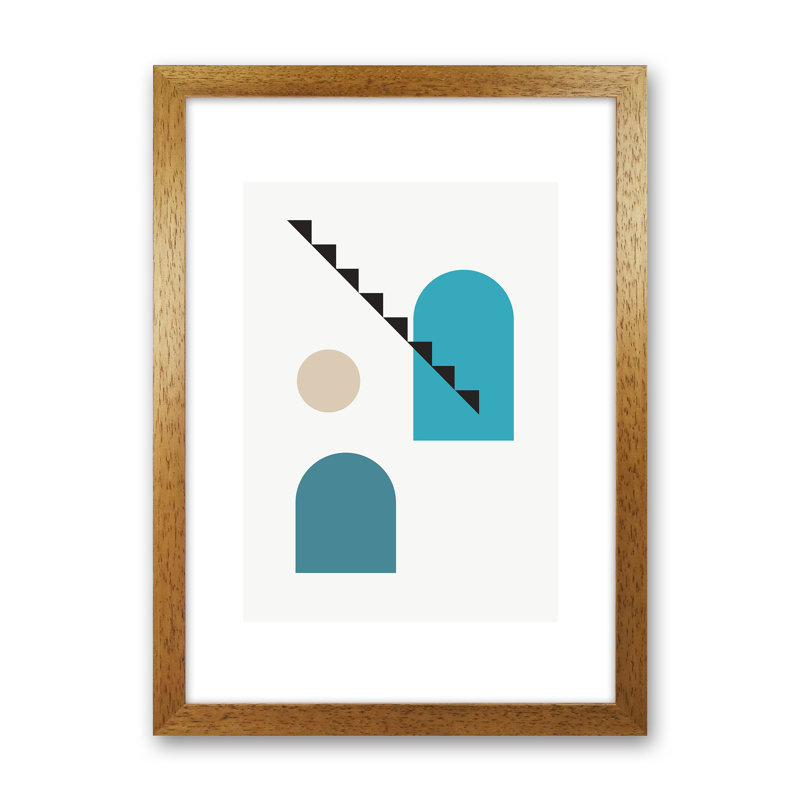 Mita Teal Stairs Left N3 by Pixy Paper - Print, 29.7cm H x 21cm W x 3cm D, Oak Framed