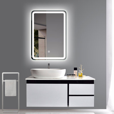 LED Lighted Vertical/Horizontal Wall Mounted Frameless Rectangle Round Bathroom Makeup Vanity Mirror / Touch Switch / Waterproof / Dimmable / 3 Color -  Orren Ellis, D9831FA6A27F40A293D7999C0206DA24