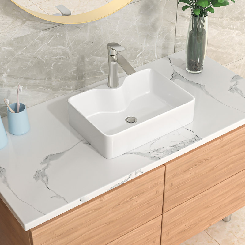 Bathroom Vessel Sink Rectangular Above Counter White Ceramic Vessel Sink with Faucet Hole, 16'' L X 12'' W X 5.5'' H