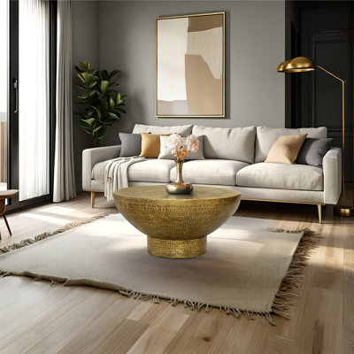 Modern Antique Brass Coffee Table, Orion 32 Inch Round Cocktail Table with Hammered Texture