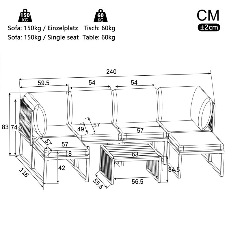 Garden Conversation Set 6 Places With 2 Sofas, 1 Chiar And 1 Coffee Table Grey