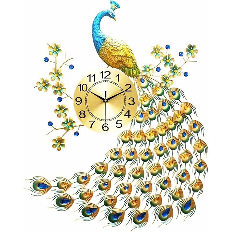 Horloge murale paon - 29,5 po, grand décor avec diamants en cristal, conception 3D, mouvement silencieux