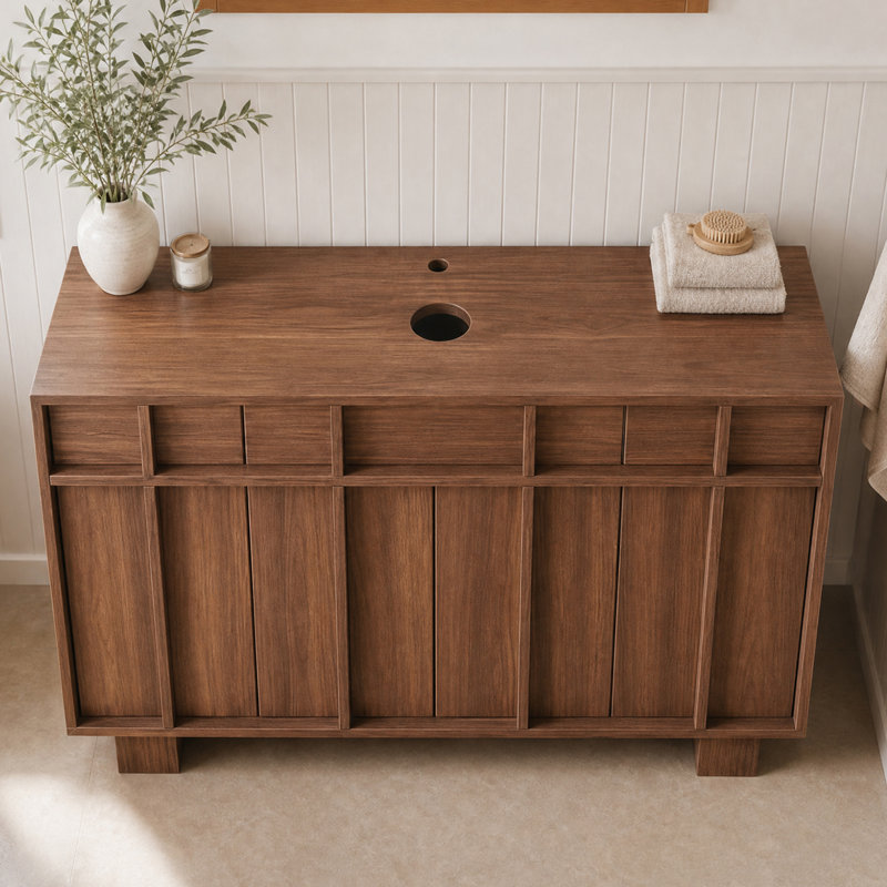 Base de meuble-lavabo sur pied 47 po en noyer rétro avec comptoir en pierre frittée, lavabo non inclus