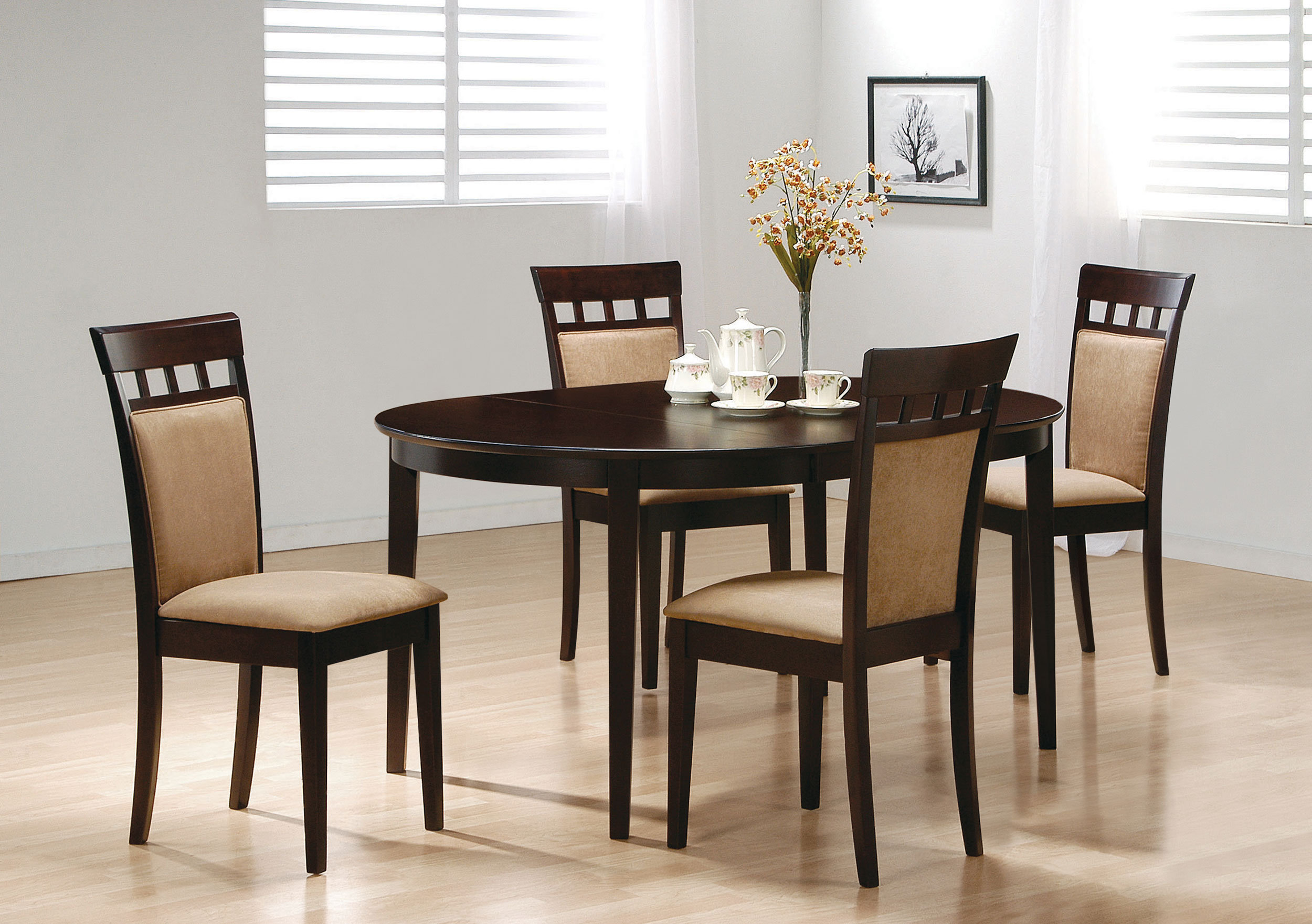 Equan Extension Leaf Dining Table Set Cappuccino Lark Manor Pieces Included: 5 Pieces: Table, 4 Chairs, image size:2500x1762
