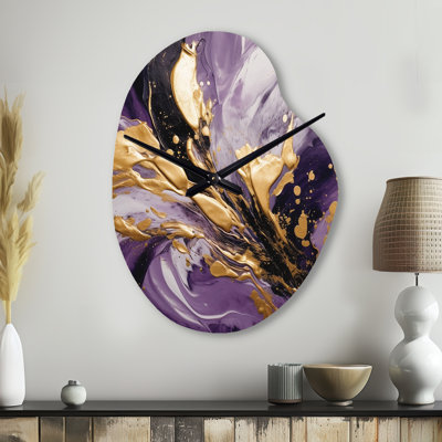 Imprimé d'horloge murale asymétrique en métal mauve et or liquide, mauve et doré