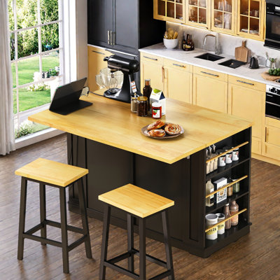 Large Rolling Kitchen Island With Drop Leaf, Power Outlet, Internal Storage Racks, 5 Open Side Racks, 2 Drawers, An Adjustable Shelf by Lark Manor
