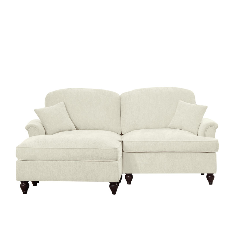 Élégant canapé Mid-Century modulaire à deux places en forme de L avec accoudoirs évasés et volants amovibles, jupes plissées et pieds fuselés