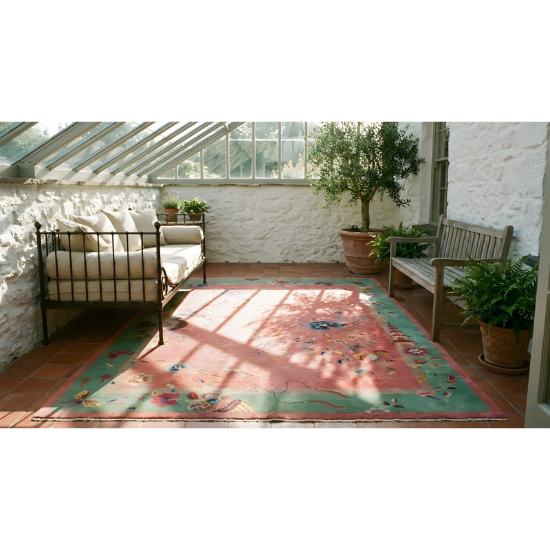 Coral / Salmon Pink Rectangle Hand Knotted Pile 1920s Wool Antique Rug